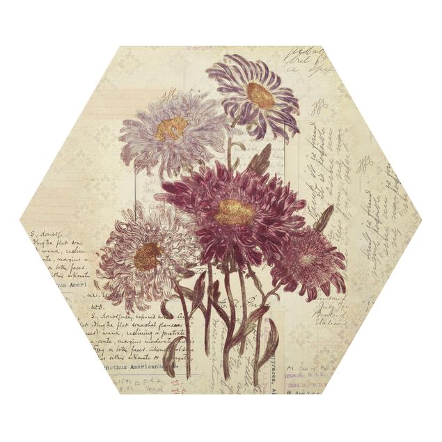 Hexagon Bild Alu-Dibond - Vintage Blumen mit Handschrift