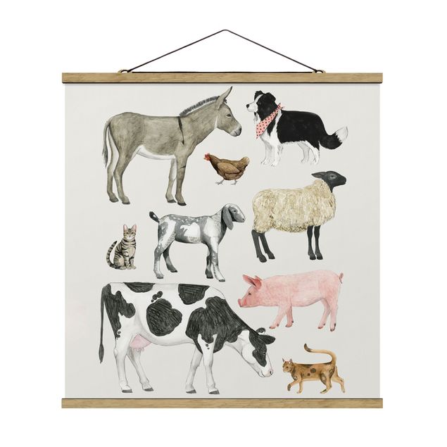 Stoffbild mit Posterleisten - Bauernhof Tierfamilie II - Quadrat 1:1