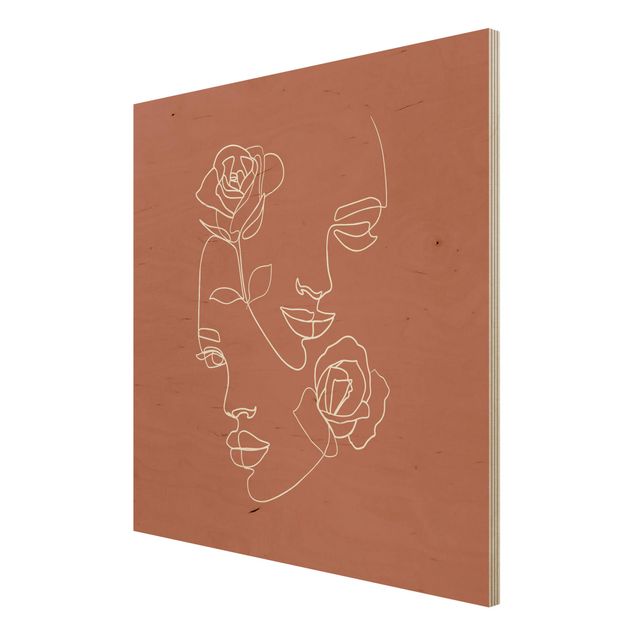 Holzbild - Line Art Gesichter Frauen Rosen Kupfer - Quadrat 1:1