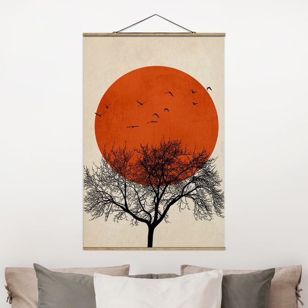 Wandbilder Tiere Vogelschwarm vor roter Sonne II