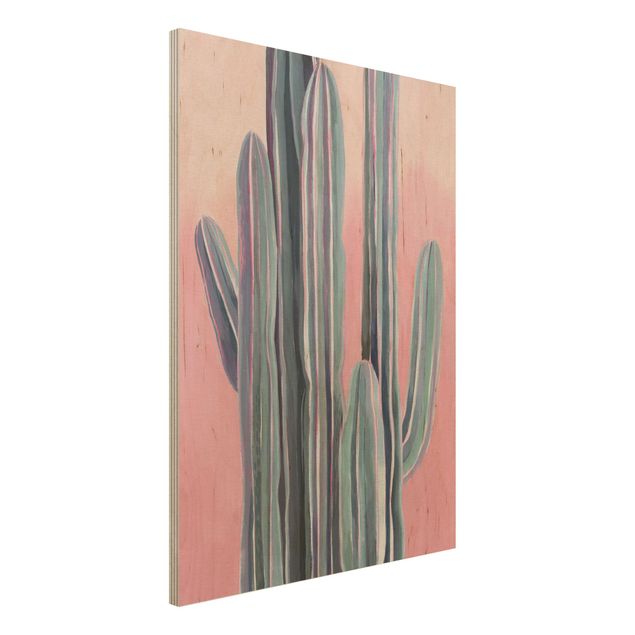 Holzbild Blumen Kaktus auf Rosa I