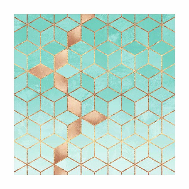 Teppich 3D Motiv Türkis Weiß goldene Geometrie