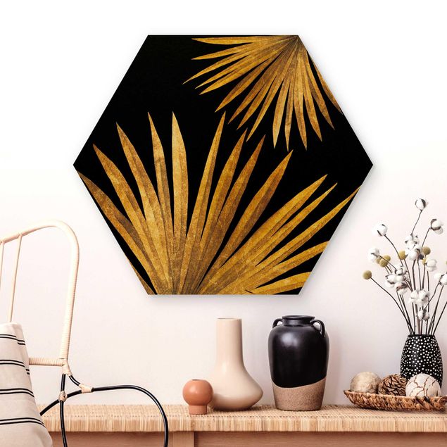 Holzbilder mit Blumen Gold - Palmenblatt auf Schwarz