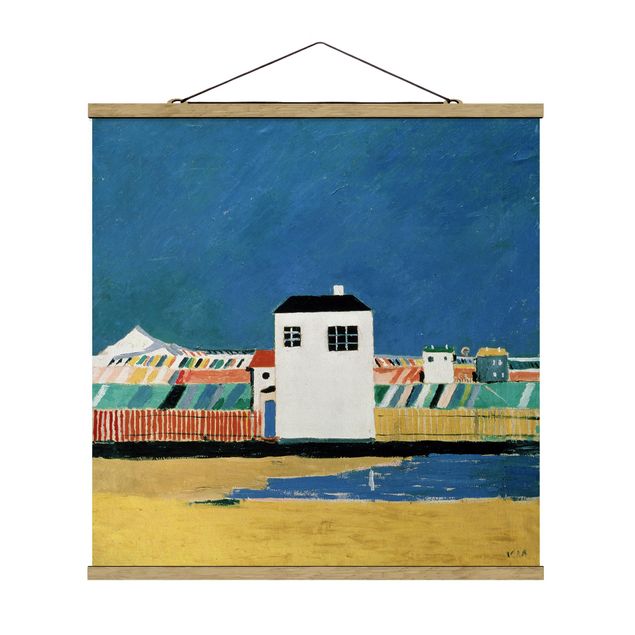 Stoffbild mit Posterleisten - Kasimir Malewitsch - Landschaft mit weißem Haus - Quadrat 1:1