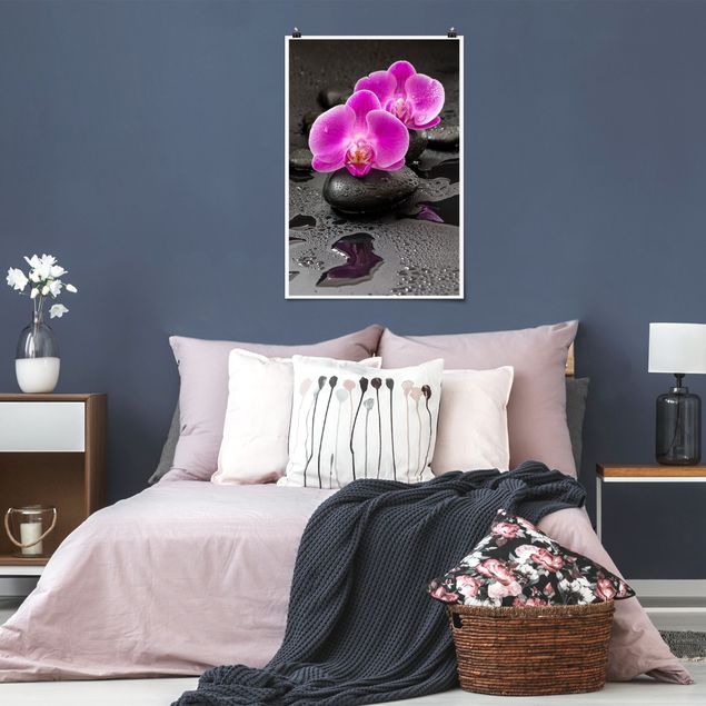 Poster bestellen Pinke Orchideenblüten auf Steinen mit Tropfen