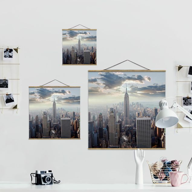 Stoffbild mit Posterleisten - Sonnenaufgang in New York - Quadrat 1:1
