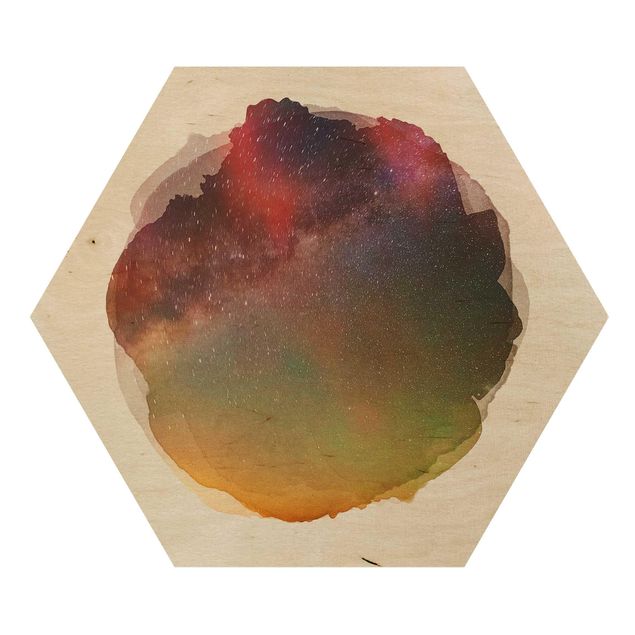 Hexagon Bild Holz - Wasserfarben - Sternenhimmel über dem Meer