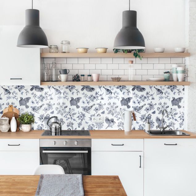 Küchenrückwand Muster Blaumeisen in Blauschwarz II