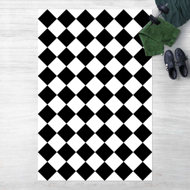 Vinyl-Teppich - Geometrisches Muster gedrehtes Schachbrett Schwarz Weiß - Hochformat 2:3