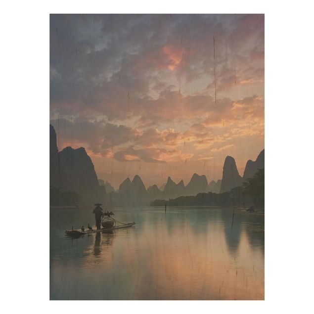 Holzbilder Natur Sonnenaufgang über chinesischem Fluss