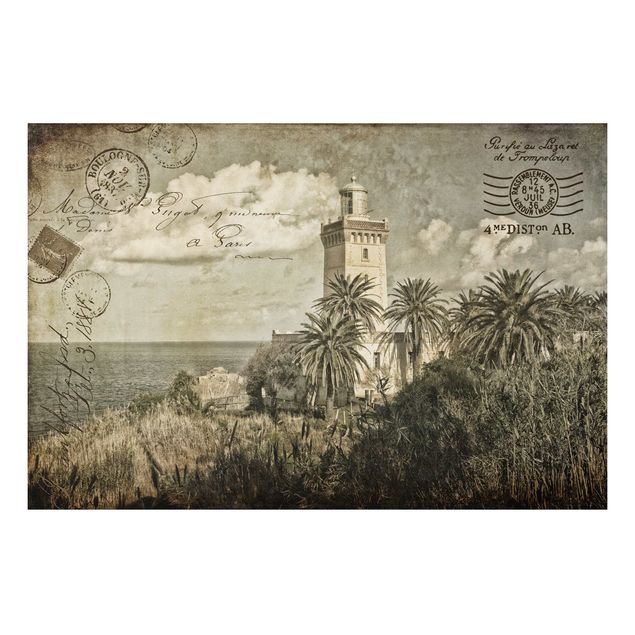 Alu Dibond Druck Vintage Postkarte mit Leuchtturm und Palmen
