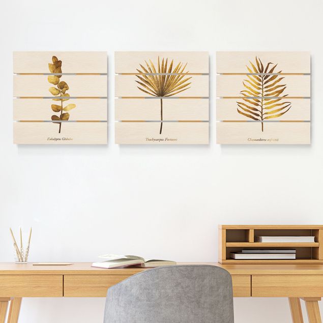 Holzbilder mit Blumen Gold - Tropische Blätter Set I