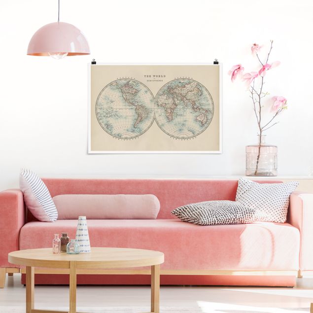 Poster Sprüche Vintage Weltkarte Die zwei Hemispheren