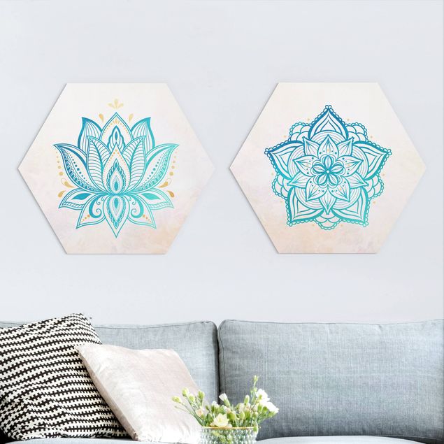 Wandbilder Mandala Lotus Set Gold Blau