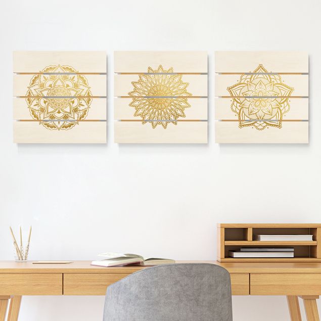 Moderne Holzbilder Mandala Blüte Sonne Illustration Set Gold