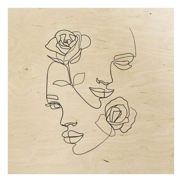 Holzbild - Line Art Gesichter Frauen Rosen Schwarz Weiß - Quadrat 1:1