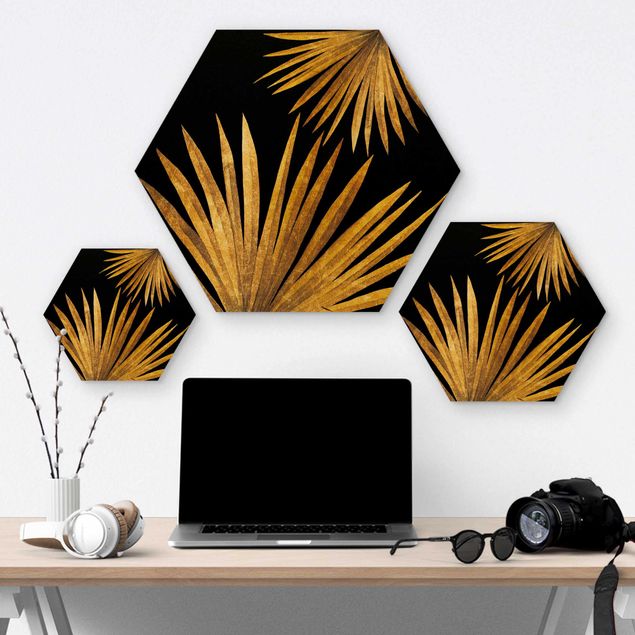 Hexagon Bild Holz - Gold - Palmenblatt auf Schwarz