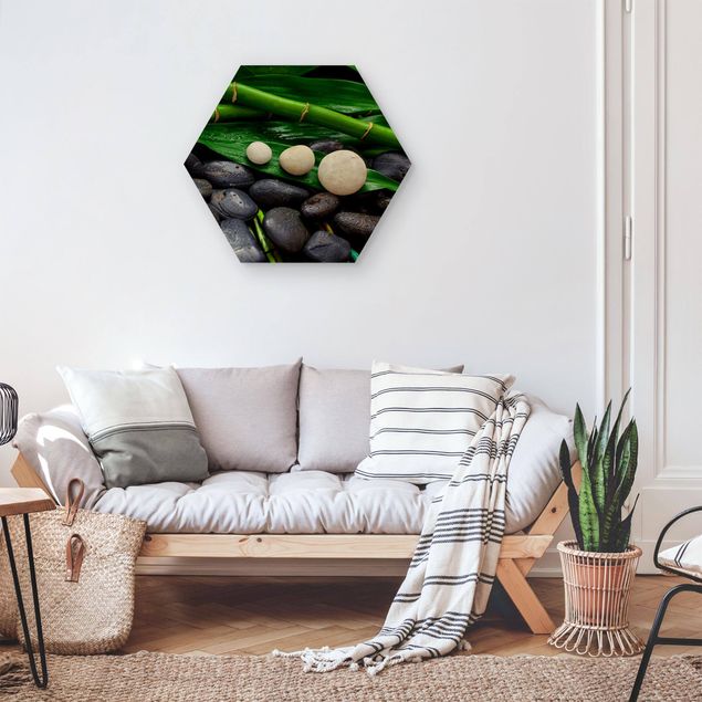Hexagon Bilder Grüner Bambus mit Zen Steinen