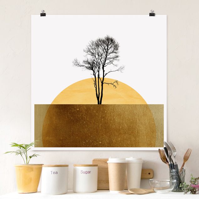 Kunstkopie Poster Goldene Sonne mit Baum