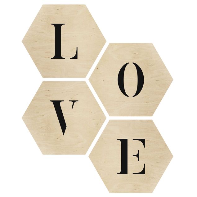 Hexagon Bild Holz 4-teilig - Buchstaben LOVE Schwarz Set II
