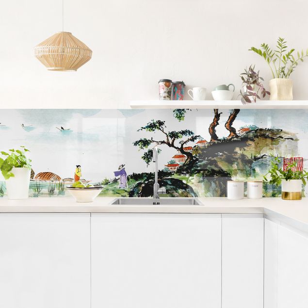Küchenrückwand Glas Wald Japanische Aquarell Zeichnung See und Berge