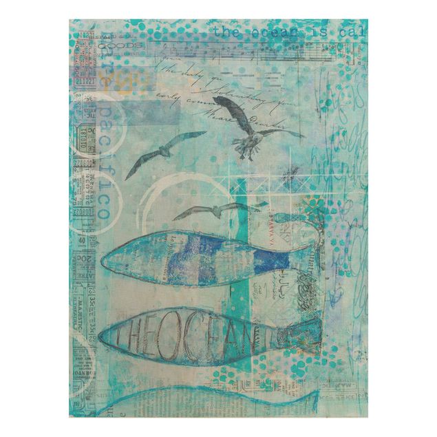 Moderne Holzbilder Bunte Collage - Blaue Fische