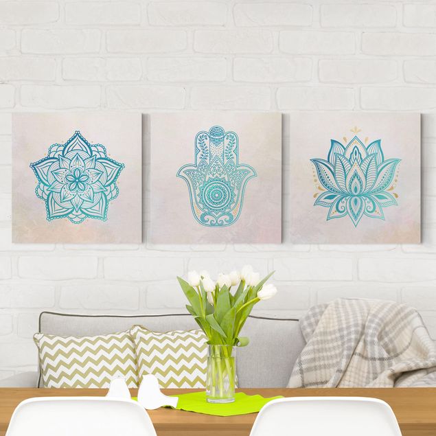 Leinwandbilder XXL Mandala Hamsa Hand Lotus Set gold blau