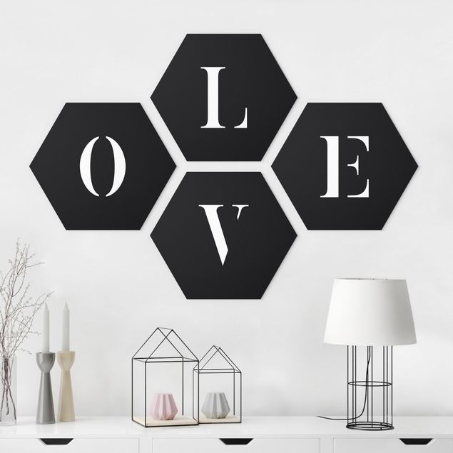 Hexagon Bild Alu-Dibond 4-teilig - Buchstaben LOVE Weiß Set II