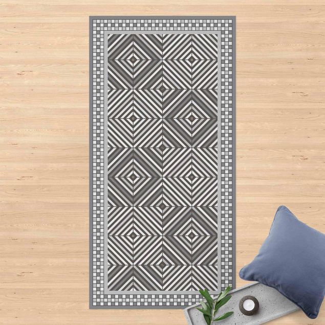Outdoor Teppich Geometrische Fliesen Strudel Grau mit schmalem Mosaikrahmen