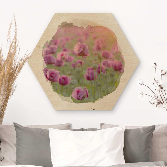Holzbilder mit Blumen Wasserfarben - Violette Schlafmohn Blumenwiese im Frühling