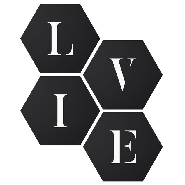 Hexagon Bild Forex 4-teilig - Buchstaben LIVE Weiß Set II