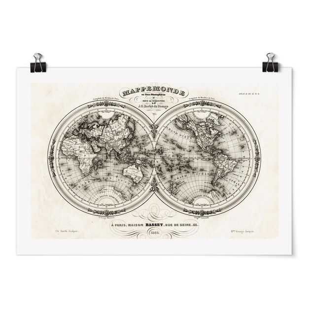 Weltkarte Wandposter Weltkarte - Französische Karte der Hemissphären von 1848