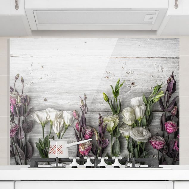 Spritzschutz Glas magnetisch Tulpen-Rose Shabby Holzoptik