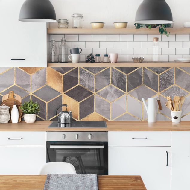 Küchenrückwand abstrakt Schwarz Weiß goldene Geometrie