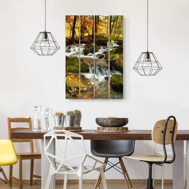 Moderne Holzbilder Wasserfall herbstlicher Wald