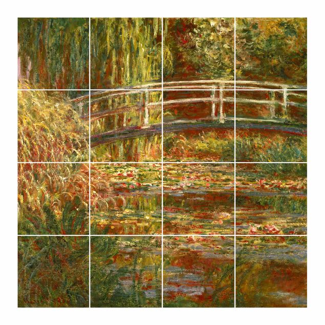 Fliesenbild - Claude Monet - Seerosenteich und japanische Brücke (Harmonie in rosa) - Fliesensticker Set quadratisch
