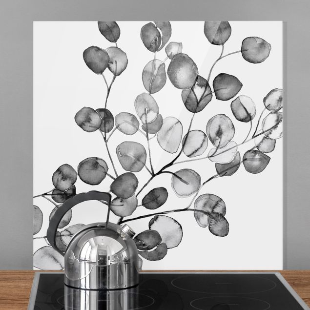 Spritzschutz Glas magnetisch Schwarz Weiß Aquarell Eukalyptuszweig