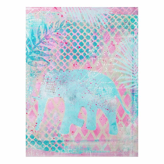 Wandbilder Bunte Collage - Elefant in Blau und Rosa