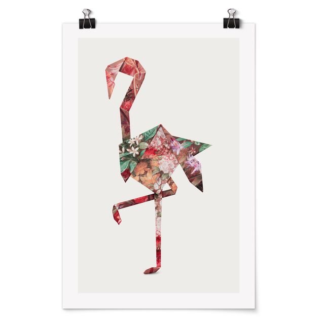 Poster Blumen Origami Flamingo
