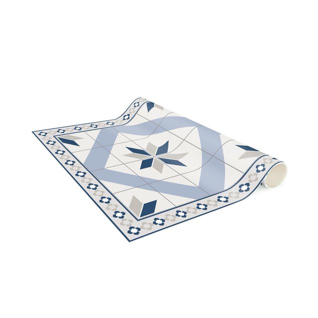 Vinyl Teppich Fliesenoptik Geometrische Fliesen Rautenblüte Taubenblau mit schmaler Bordüre