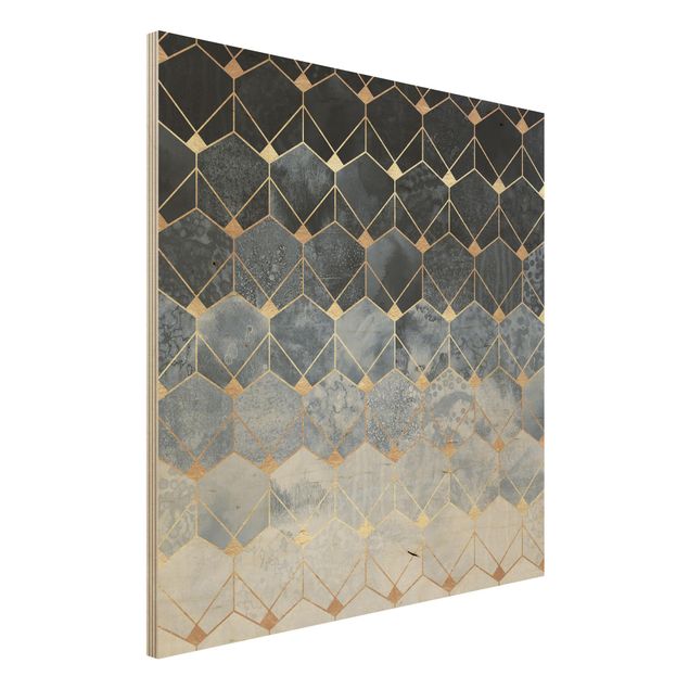 Holzbild - Blaue Geometrie goldenes Art Deco - Quadrat 1:1