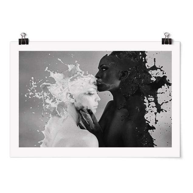 Poster - Milch & Kaffee Kuss schwarz weiß - Querformat 2:3