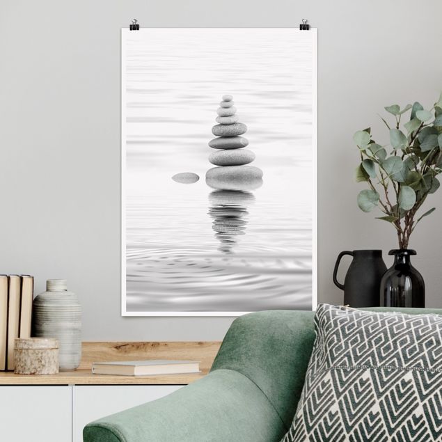Poster Schwarz-Weiß Steinturm im Wasser Schwarz-Weiß