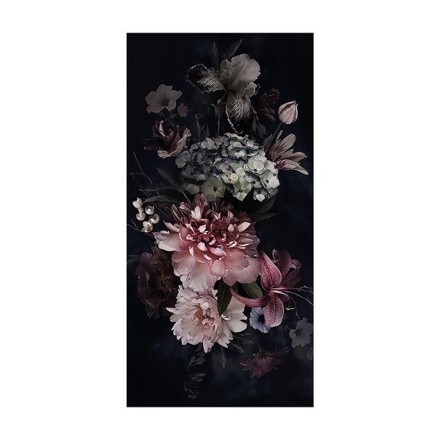 Vinyl-Teppich - Blumen mit Nebel auf Schwarz - Hochformat 1:2