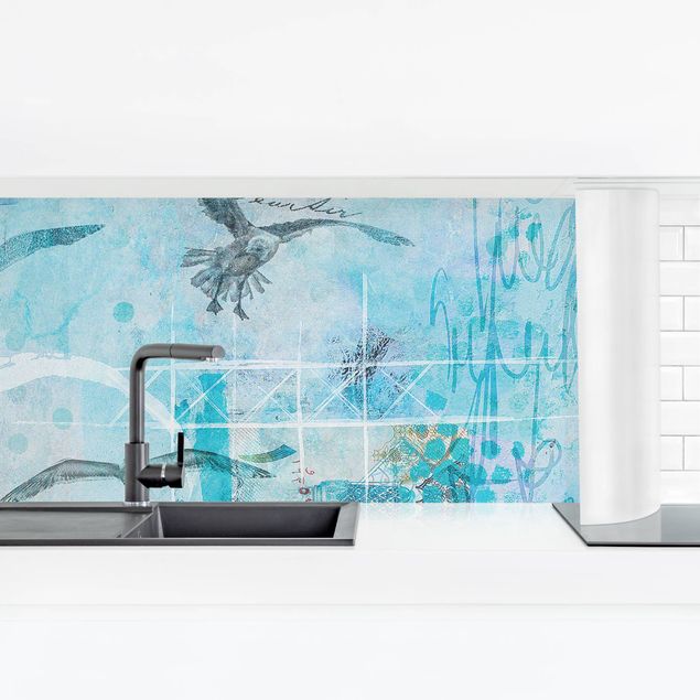 Spritzschutz Küche Bunte Collage - Blaue Fische