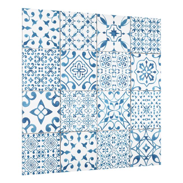 Küchenrückwand Glas Muster Musterfliesen Blau Weiß