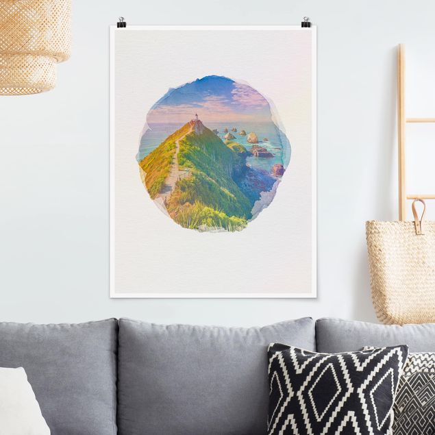 Poster Natur Wasserfarben - Nugget Point Leuchtturm und Meer Neuseeland