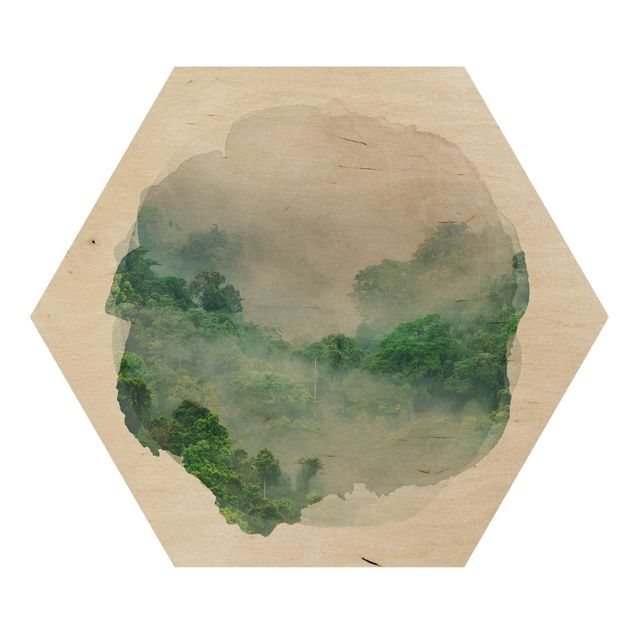 Hexagon Bild Holz - Wasserfarben - Dschungel im Nebel