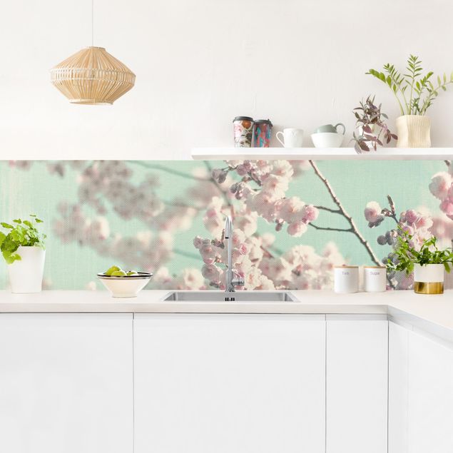 Küchenrückwände selbstklebend Kirschblütentanz auf Leinenstruktur