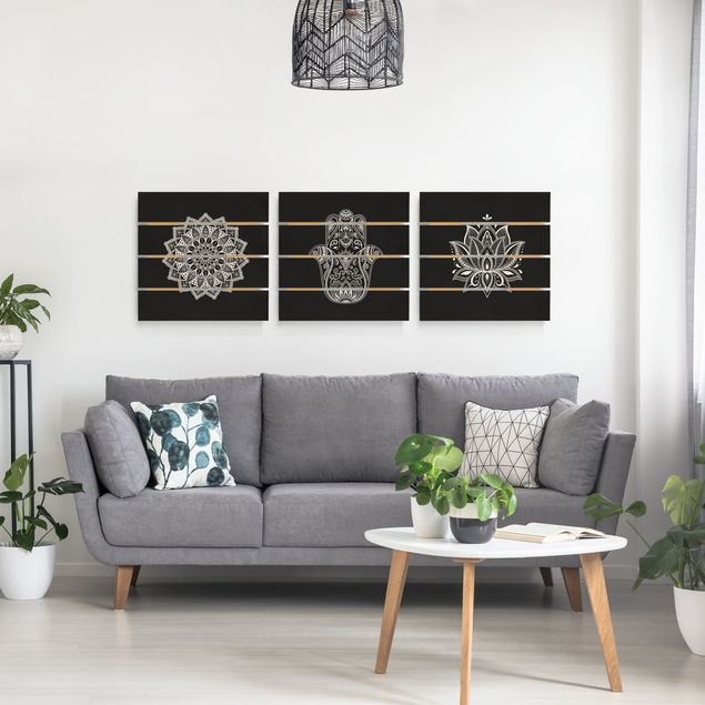 Holzbilder Mandala Hamsa Hand Lotus Set auf Schwarz
